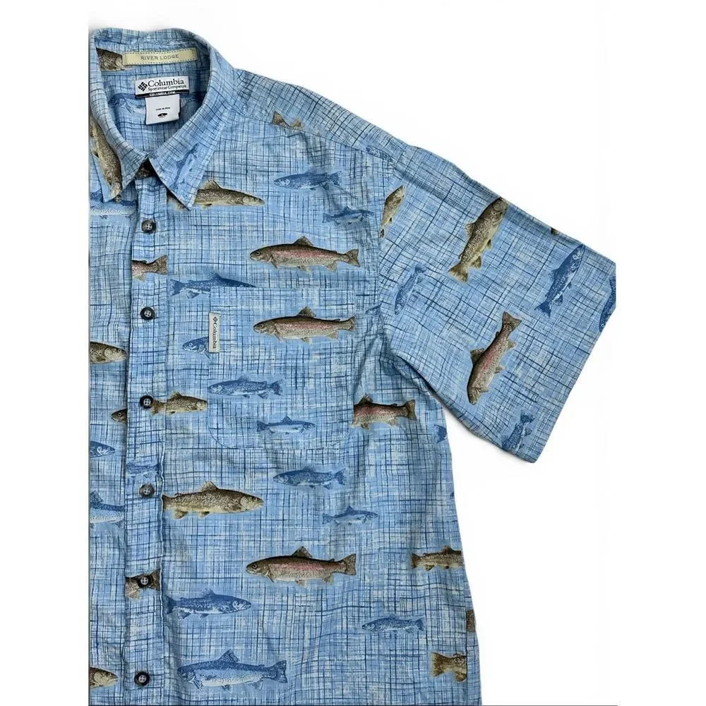 Columbia River Lodge Trout Fish Print Cotton Fishing Shirt Men’s L